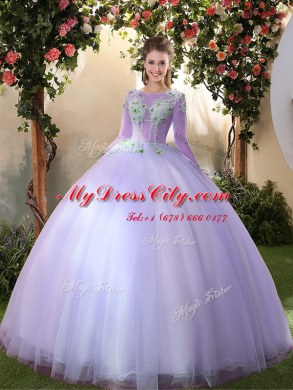 Scoop Lavender 3 4 Length Sleeve Appliques Floor Length Sweet 16 Quinceanera Dress