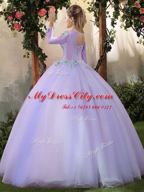 Scoop Lavender 3 4 Length Sleeve Appliques Floor Length Sweet 16 Quinceanera Dress