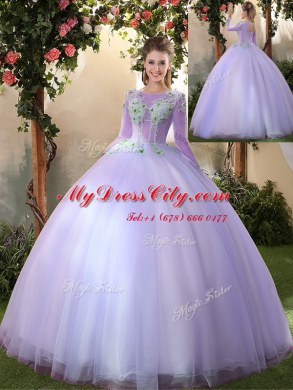 Scoop Lavender 3 4 Length Sleeve Appliques Floor Length Sweet 16 Quinceanera Dress