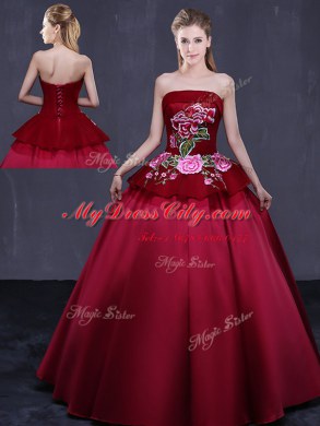 Wine Red Ball Gowns Strapless Sleeveless Satin Floor Length Lace Up Embroidery Quinceanera Dresses