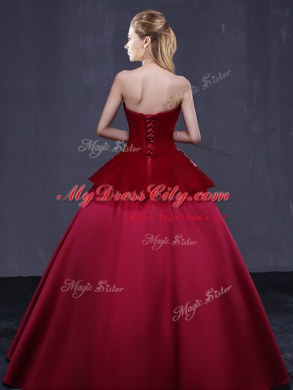 Wine Red Ball Gowns Strapless Sleeveless Satin Floor Length Lace Up Embroidery Quinceanera Dresses