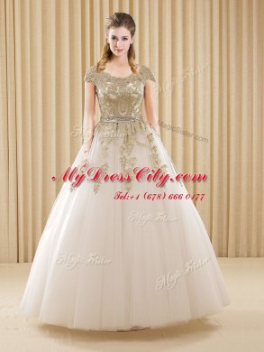 Scoop Short Sleeves Lace Up Quinceanera Gown White Tulle