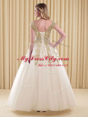 Scoop Short Sleeves Lace Up Quinceanera Gown White Tulle