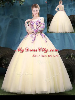 Scoop Long Sleeves Appliques Lace Up Ball Gown Prom Dress