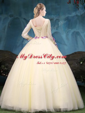 Scoop Long Sleeves Appliques Lace Up Ball Gown Prom Dress