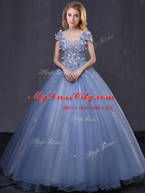 Delicate Lavender Ball Gowns Scoop Short Sleeves Tulle Floor Length Lace Up Appliques Sweet 16 Dress