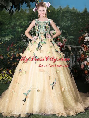 Elegant Scoop Champagne Organza Lace Up Sweet 16 Quinceanera Dress Sleeveless Brush Train Appliques