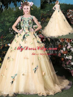 Elegant Scoop Champagne Organza Lace Up Sweet 16 Quinceanera Dress Sleeveless Brush Train Appliques