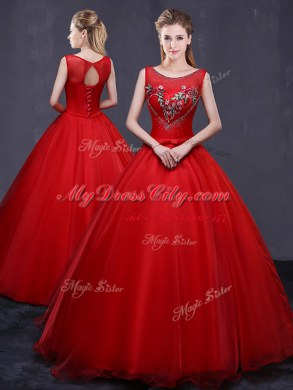 Modest Red Scoop Neckline Beading and Embroidery Sweet 16 Quinceanera Dress Sleeveless Lace Up