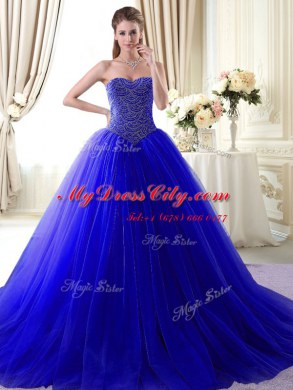 New Style Royal Blue Sleeveless With Train Beading Lace Up 15th Birthday Dress