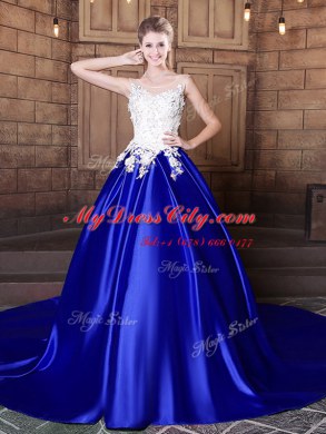 Pretty Scoop Elastic Woven Satin Sleeveless With Train Sweet 16 Quinceanera Dress Court Train and Appliques