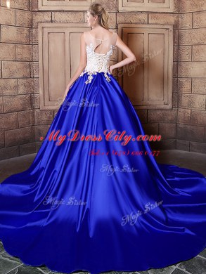 Pretty Scoop Elastic Woven Satin Sleeveless With Train Sweet 16 Quinceanera Dress Court Train and Appliques