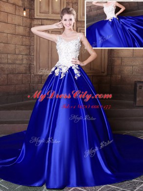 Pretty Scoop Elastic Woven Satin Sleeveless With Train Sweet 16 Quinceanera Dress Court Train and Appliques