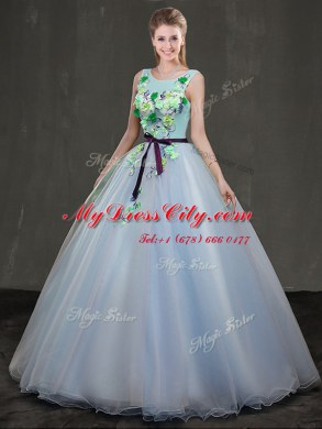 Light Blue Scoop Neckline Appliques Vestidos de Quinceanera Sleeveless Lace Up
