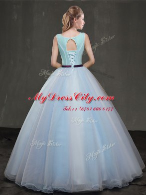 Light Blue Scoop Neckline Appliques Vestidos de Quinceanera Sleeveless Lace Up