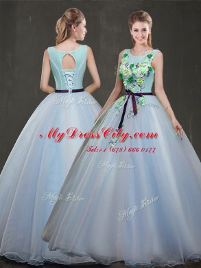 Light Blue Scoop Neckline Appliques Vestidos de Quinceanera Sleeveless Lace Up