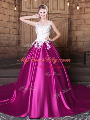 Exquisite Scoop Sleeveless Court Train Appliques Lace Up Ball Gown Prom Dress