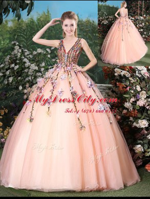 With Train Ball Gowns Sleeveless Peach Quinceanera Gowns Brush Train Lace Up