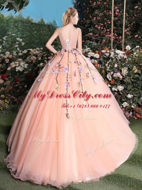 With Train Ball Gowns Sleeveless Peach Quinceanera Gowns Brush Train Lace Up