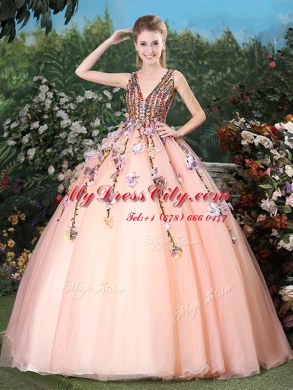 With Train Ball Gowns Sleeveless Peach Quinceanera Gowns Brush Train Lace Up