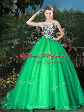 Scoop Appliques and Belt 15 Quinceanera Dress Green Zipper Sleeveless Brush Train