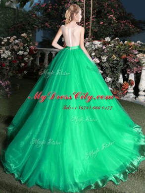 Scoop Appliques and Belt 15 Quinceanera Dress Green Zipper Sleeveless Brush Train