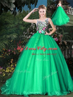 Scoop Appliques and Belt 15 Quinceanera Dress Green Zipper Sleeveless Brush Train