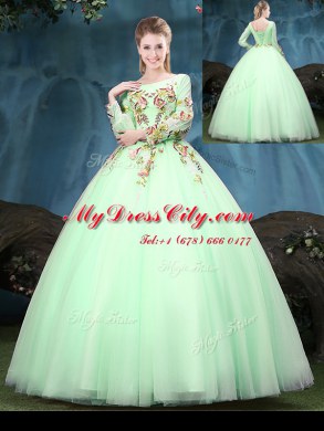 Delicate Scoop Apple Green Long Sleeves Tulle Lace Up Quinceanera Gowns for Military Ball and Sweet 16 and Quinceanera