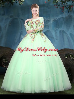 Delicate Scoop Apple Green Long Sleeves Tulle Lace Up Quinceanera Gowns for Military Ball and Sweet 16 and Quinceanera