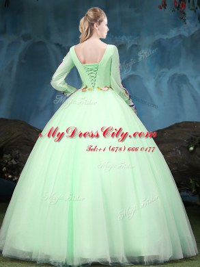 Delicate Scoop Apple Green Long Sleeves Tulle Lace Up Quinceanera Gowns for Military Ball and Sweet 16 and Quinceanera
