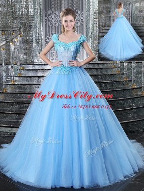 Great Light Blue Ball Gowns Tulle Straps Sleeveless Beading and Appliques With Train Lace Up 15th Birthday Dress Brush Train