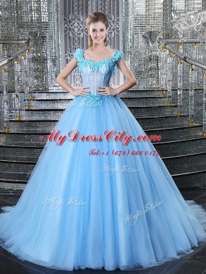 Great Light Blue Ball Gowns Tulle Straps Sleeveless Beading and Appliques With Train Lace Up 15th Birthday Dress Brush Train
