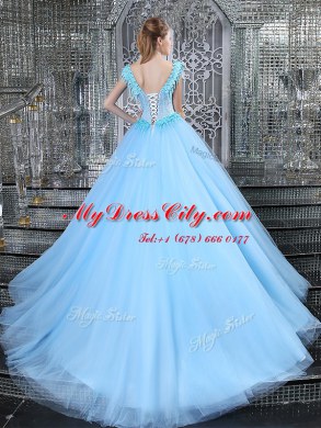 Great Light Blue Ball Gowns Tulle Straps Sleeveless Beading and Appliques With Train Lace Up 15th Birthday Dress Brush Train