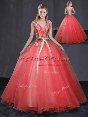 Admirable Tulle Sleeveless Floor Length Vestidos de Quinceanera and Appliques and Belt