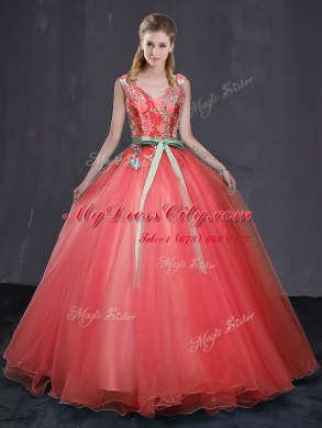 Admirable Tulle Sleeveless Floor Length Vestidos de Quinceanera and Appliques and Belt
