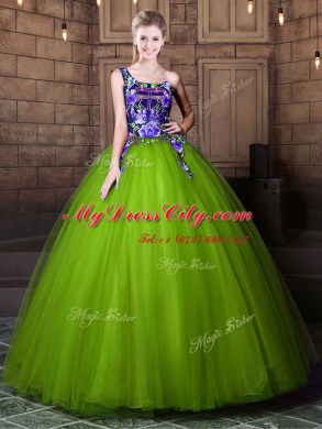 One Shoulder Olive Green Sleeveless Pattern Floor Length 15 Quinceanera Dress