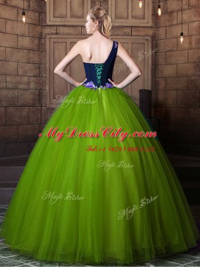 One Shoulder Olive Green Sleeveless Pattern Floor Length 15 Quinceanera Dress