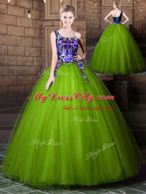 One Shoulder Olive Green Sleeveless Pattern Floor Length 15 Quinceanera Dress