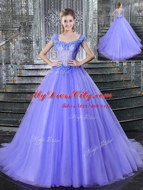 Straps Sleeveless Brush Train Beading Lace Up Quince Ball Gowns