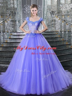 Straps Sleeveless Brush Train Beading Lace Up Quince Ball Gowns