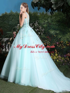 Glittering Scoop Light Blue Ball Gowns Beading and Appliques Sweet 16 Dress Lace Up Tulle Sleeveless