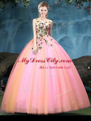 Ideal Multi-color Ball Gowns Appliques Quinceanera Gowns Lace Up Tulle Sleeveless Floor Length