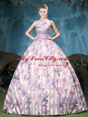 Glittering Straps Multi-color Tulle Lace Up 15th Birthday Dress Sleeveless Floor Length Appliques and Pattern