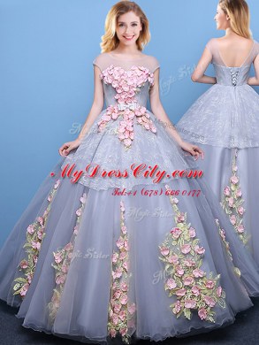 Scoop Cap Sleeves Floor Length Appliques Lace Up Quinceanera Dress with Grey