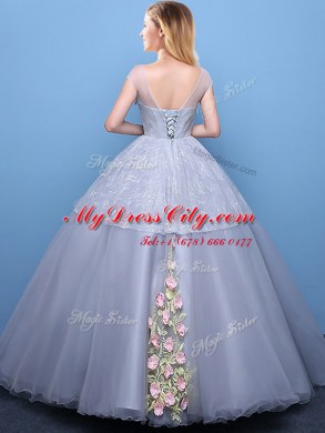 Scoop Cap Sleeves Floor Length Appliques Lace Up Quinceanera Dress with Grey