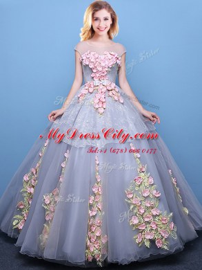 Scoop Cap Sleeves Floor Length Appliques Lace Up Quinceanera Dress with Grey