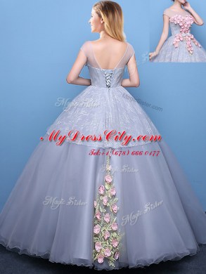 Scoop Cap Sleeves Floor Length Appliques Lace Up Quinceanera Dress with Grey