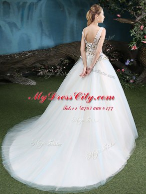 Noble White Lace Up 15th Birthday Dress Appliques Sleeveless With Brush Train