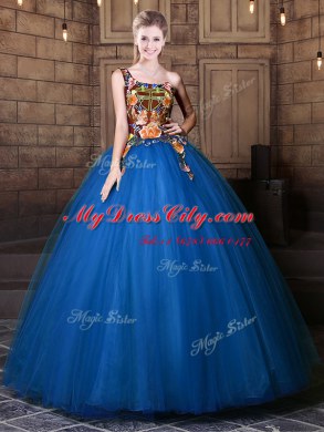 One Shoulder Floor Length Blue Quinceanera Gowns Tulle Sleeveless Pattern
