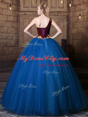 One Shoulder Floor Length Blue Quinceanera Gowns Tulle Sleeveless Pattern